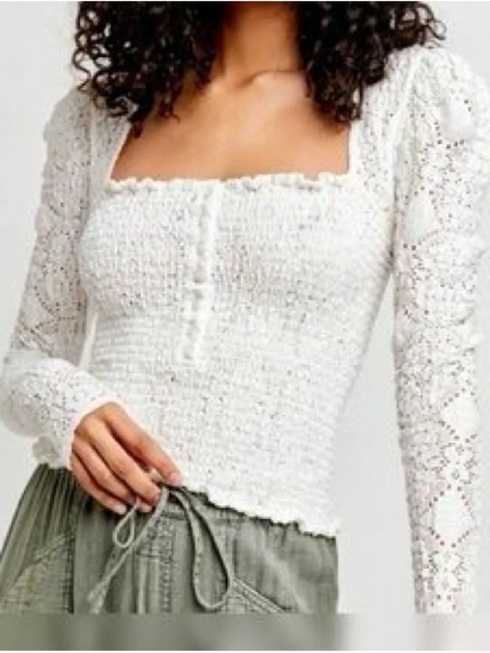 Free People White Smocked Lace Long-Sleeve Square Neck Top